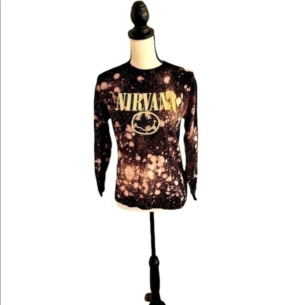 Nirvana Smiley Face Bleach Dyed Long Sleeve Tee Small